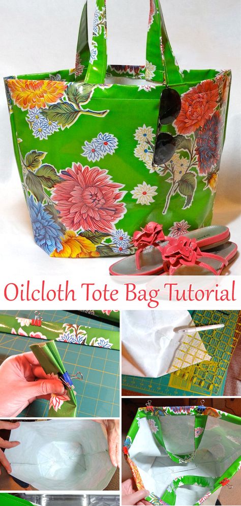 Oilcloth Tote Bag Tutorial Oil Cloth Projects Diy, Oilcloth Sewing Projects, Oil Cloth Projects, Oilcloth Projects, Easy Tote Bag Pattern Free, Oilcloth Bags, Beach Bag Tutorials, Oil Cloth Tote, Oil Cloth Fabric