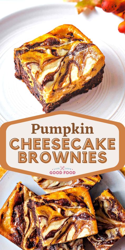 Pumpkin Brownie Cheesecakes are picture-perfect with their orange and white cheesecake layers swirled into gooey, chocolatey brownies! Just in time for the fall season are these delicious Pumpkin Cheesecake Brownies — pure heaven! Fall Recipes Baked Goods, Brownie Bottom Pumpkin Cheesecake, Fall Decorated Brownies, Festive Fall Desserts, Fall Dessert Box Ideas, Fall Desserts Cheesecake, Brownie Pumpkin Recipe, Pumpkin Cream Cheese Brownies, Halloween Pumpkin Desserts