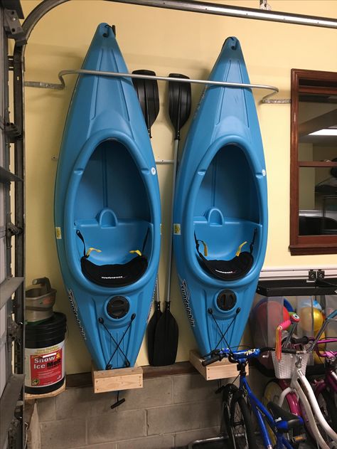 Upright Kayak Storage, Garage Organization Kayak, Kayak Holders Storage Ideas, Hanging Kayaks In Garage, Vertical Kayak Storage, Diy Kayak Storage Rack, Kayak Hanger, Diy Kayak Storage, Boat Rack