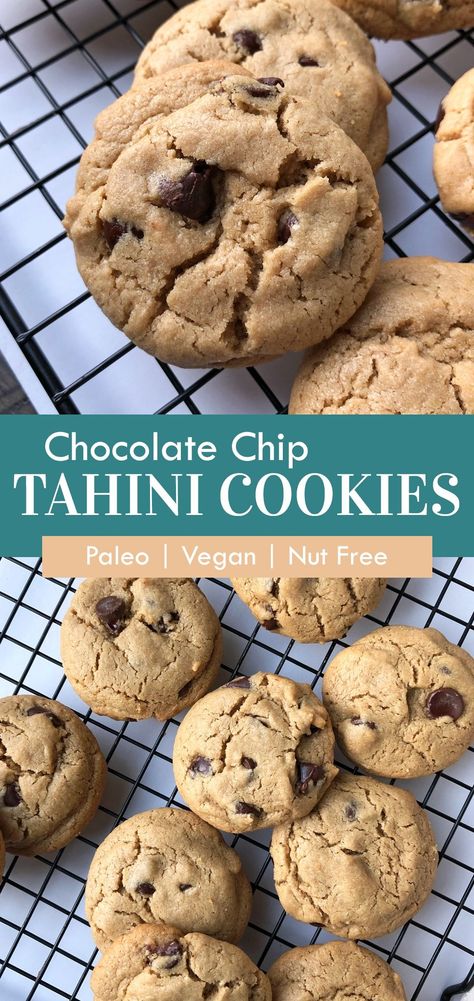 These Paleo chocolate chip tahini cookies are soft, chewy and delicious. This tahini cookie recipe is made with 7 simple ingredients, grain free, dairy free and egg free. The perfect Vegan tahini cookie! #tahinicookies #paleotahinicookies #chocolatechipcookies #vegan #paleo Paleo Tahini Cookies, Vegan Tahini Cookies, Paleo Cookies Easy, Tahini Cookie, Clean Eating Sweets, Tahini Cookies, Healthy Cookie, Paleo Cookies, Paleo Recipes Dessert