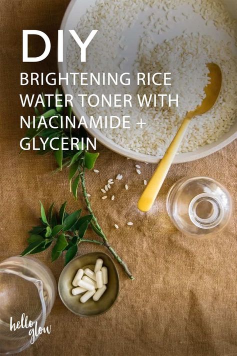 Brighten and hydrate your skin with a DIY rice water toner improved with niacinamide and glycerin Diy Rice Water, Rice Water Toner, Homemade Toner, Diy Natural Beauty Recipes, Rice Toner, Natural Skincare Recipes, Hydrate Your Skin, Natural Beauty Recipes, Diy Lotion