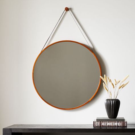 Modern Leather Round Hanging Mirror - 30" | West Elm Round Mirror Hanging From Leather Strap, Hanging Round Mirror, Mountain House Interior, Round Hanging Mirror, Amish Farm, Mirror Round, Leather Wall, Mirror Design Wall, Labor Day Sale