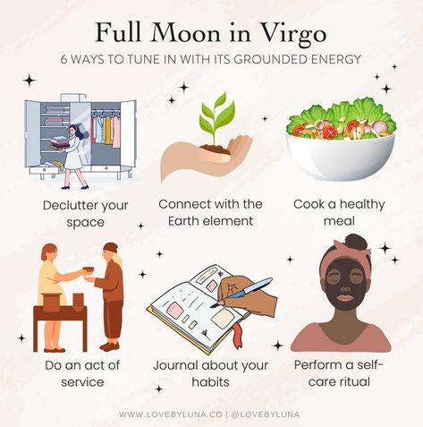 6 ways to work with the energies of the Full Moon in Virgo. Created by Lovebyluna Full Moon In Virgo 2024, Virgo 2024, Virgo New Moon, Virgo Full Moon, February Full Moon, Full Moon In Virgo, Meditation Ideas, Moon Manifestation, Virgo Stuff