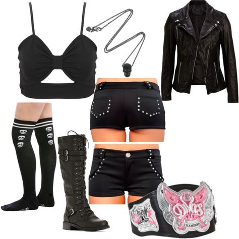 Ring Gear but substitute the "Divas" belt for the "retired" Women's Championship belt. Ring Gear Wrestling, Emo Outfits For Girls, Wrestling Clothes, Channel Outfits, Wrestling Outfits, Wwe Outfits, Wrestling Gear, Outfit Polyvore, Emo Outfits