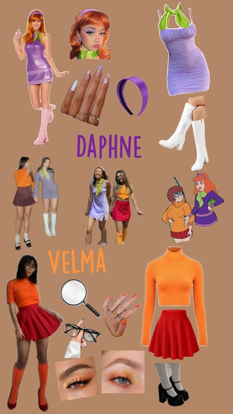 Fictional Characters Costumes, Velma Costume Ideas, Daphne Inspired Outfit, Velma Inspired Outfit, Daphne Outfit Ideas, Halloween Dividers, Velma Makeup, Daphne And Velma Costumes, Velma And Daphne Costume