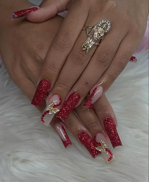 Red Nails Bling Gems, Red Nails Quinceanera, Red Nails Charms, Nail For Graduation, Red Nails With Butterfly, Red Nails With Butterflies, Quince Acrylic Nails, Red Rhinestone Acrylic Nails, Red And Silver Nails For Prom