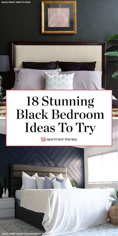 Black bedroom walls are having a moment, and it’s not difficult to see why. Along with creating a bold but sophisticated backdrop for a space, black paint can make a bedroom feel cozy, moody, and perfect for catching Zs. #bedroomideas #bedroomdecor #bedrooms #blackbedrooms #blackwalls #blackbedroomideas #bedroomdecorideas #cozybedroom #romanticbedroom Master Bedrooms With Dark Walls, Black Wall Guest Bedroom, Bedroom Decor With Black Wall, Cozy Black Bedroom Accent Wall, Black Walls Master Bed, Dark Bedroom Accent Wall Color, Master Black Accent Wall, Black Matte Walls Master Bedrooms, Black Paint For Bedroom Wall