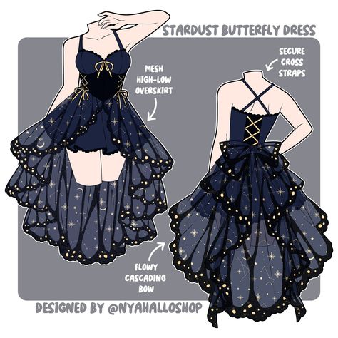 Stardust Butterfly Dress 🦋✨ SHE SLAYS SHE'S A BRATTTT SHE DEMUREEE SHE COOKED? SHE ATEEE Anyways, y'all need this dress!!! One of our hottest early release items 💥 nyahallo.com #fashiondesigner #indiedesigner #smallbusiness #dopaminedressing #stargazing #altfashion #alternativefashion #wearablefashion Dress Design Drawing, Clothing Design Sketches, Fashion Drawing Dresses, Dress Design Sketches, Fashion Illustration Dresses, Dress Drawing, Butterfly Dress, Whimsical Fashion, Fashion Design Drawings