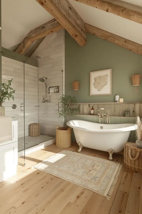 Modern Farmhouse Bathroom Master Suite, Small Boho Farmhouse Bathroom, Calm Bathroom Aesthetic, English Country House Bathroom, Farmhouse Aesthetic Bathroom, Cottage Style Master Bath, Bathroom Remodel Boho, Cozy Cottage Bathroom, Modern Boho Farmhouse Bathroom