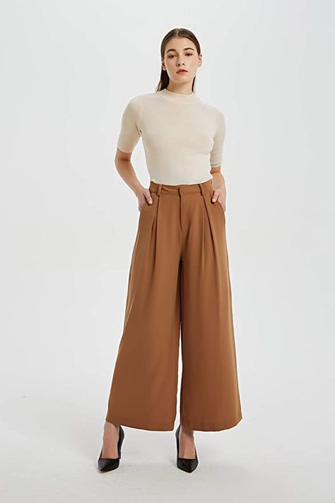 Amazon.com: Tronjori Women High Waist Casual Wide Leg Long Palazzo Pants Trousers Regular Size(XL,Brown Sugar) : Clothing, Shoes & Jewelry Wide Leg Trousers Outfit, Palazzo Pants Outfit, Fancy Shirt, Flattering Pants, Trouser Outfit, Summer Work, Black Knit Sweater, Flowy Pants, Winter Outfits For Work