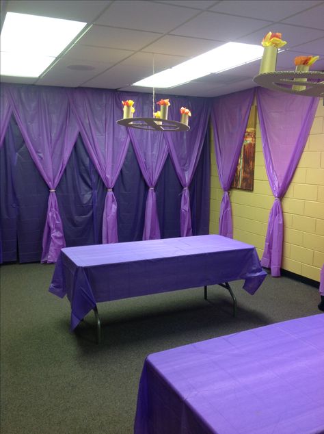 Decorating wall space with plastic table cloths. Has a nice gothic look to it. Backdrop With Tablecloth Plastic Tables, Plastic Table Cloth Ideas, Plastic Table Cloth Ideas Decorations, Plastic Table Cloth Backdrop, Scary Wedding, Plastic Tablecloth Decorations, Table Cover Backdrop, Mighty Fortress Vbs, Plastic Tablecloth Backdrop