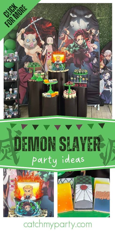 Check out this awesome Demon Slayer birthday party! The cake is a master-piece! See more party ideas and share yours at CatchMyParty.com Demon Slayer Themed Cake, Demon Slayer Birthday Party Cake, Demon Slayer Birthday Ideas, Manga Party Ideas, Demon Slayer Party Food, Demon Slayer Party Decorations, Demon Slayer Themed Birthday Party, Demon Slayer Birthday Party Ideas, Anime Party Ideas Decor