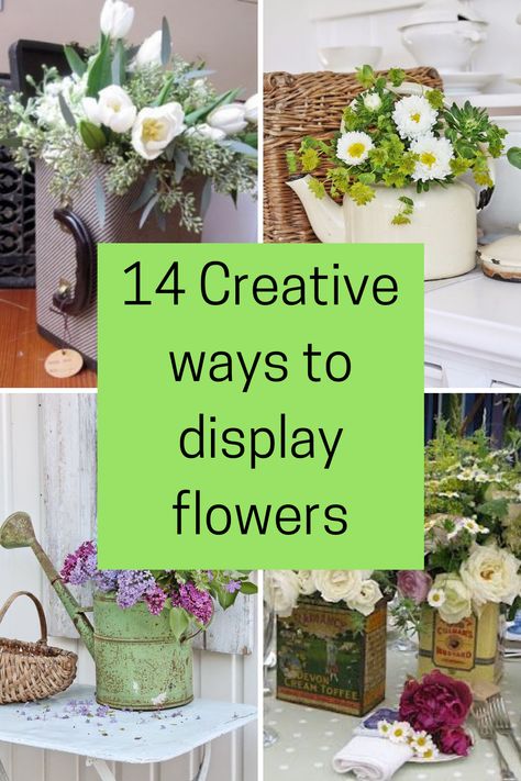 Unique ways to create flower arrangements in unusual vessels and containers - diy flower arrangements - unique flower arrangements centerpieces - unique flower arrangement ideas - how to display flowers in unique ways Artificial Flower Arrangements Diy How To Make, Picture Frame Planter Ideas, Flowers In Unusual Containers, Tabletop Flower Arrangements, How To Create Flower Arrangements, Flower Arrangements In Unusual Containers, How To Display Flowers, Unusual Vases For Flowers, Flower Arrangement Ideas Unique