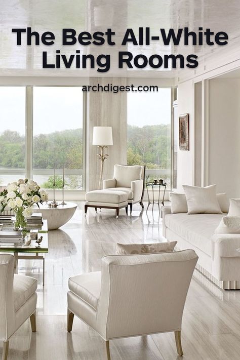 Monochromatic doesn't have to mean minimalist | archdigest.com White Luxurious Living Room, Home Decor Ideas Living Room Modern Interior Design White, Monochromatic White Living Room, White Livingrooms Design, Modern White Living Room Luxury, White Walls Living Room Modern, Monochromatic Family Room, All White Interiors, Contemporary White Living Room