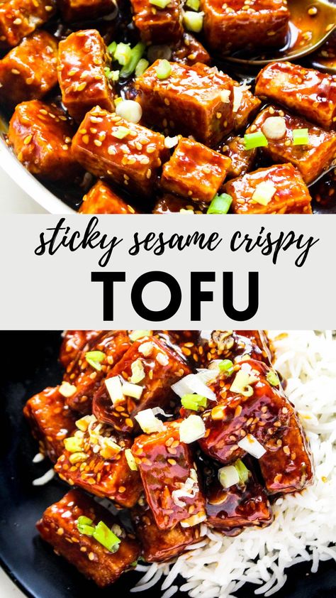 Easy Asian Dinner Recipes Vegetarian, Vegan Asian Sauce, Sticky Sesame Garlic Tofu, Crunchy Tofu Baked, Tofu Sesame Recipes, Crispy Sesame Tofu, Quick Easy Meals Vegetarian, Crispy Tofu Oven, Sweet And Spicy Tofu Recipes