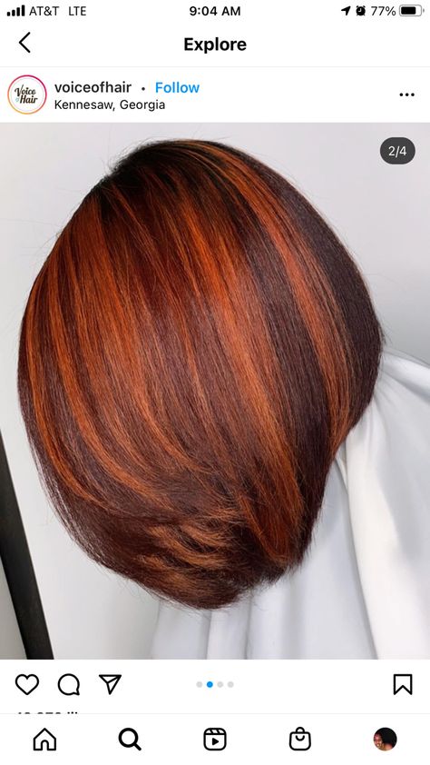 Relaxed Hair Highlights, Copper Highlights Black Women, Bob With Bangs Red Hair, Fall Natural Hair Color For Black Women, Ombre Sew In, 350 Hair Color On Black Women, Fall Color Bobs Black Women, Ginger Red Hair Black Women, Ginger Highlights Black Women