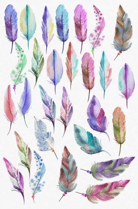 Watercolor feathers & dreamcatchers by Spasibenko Art on Creative Market More Watercolour Feathers, Feathers Art, Tattoo Watercolor, Watercolor Feather, Seni Cat Air, Feather Art, 수채화 그림, Lukisan Cat Air, Colorful Feathers