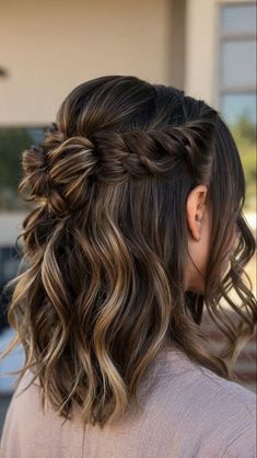 Braided Hairstyles Midlength, Bridesmaid Hair Short Half Up, Jr Bridesmaid Hairstyles Short Hair, Bridesmaids Hair Brunette, Half Up Half Down Hair Styles Short Hair, Bridesmaid Hair Medium Length Braid, Braided Hairstyles For Shoulder Length Hair, Formal Mid Length Hairstyles, Bridesmaid Mid Length Hair