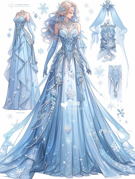 Ice Princess Dress Ball Gowns, Fantasy Winter Dress Drawing, Ice Fairy Aesthetic Outfit, Elsa Spirit Dress, Ice Dress Aesthetic, Winter Themed Dresses, Ice Themed Dress, Ice Fantasy Outfit, Ice Dress Fantasy Art