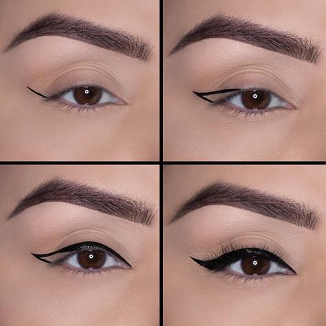 Sharp Winged Eyeliner, Eyeliner Step-by-step, Eye Wing Makeup, Eye Lining For Beginners, Simple Winged Eyeliner, Eye Wings, Winged Eyeliner Tricks, Make Up Tricks, Eyeliner Tutorials