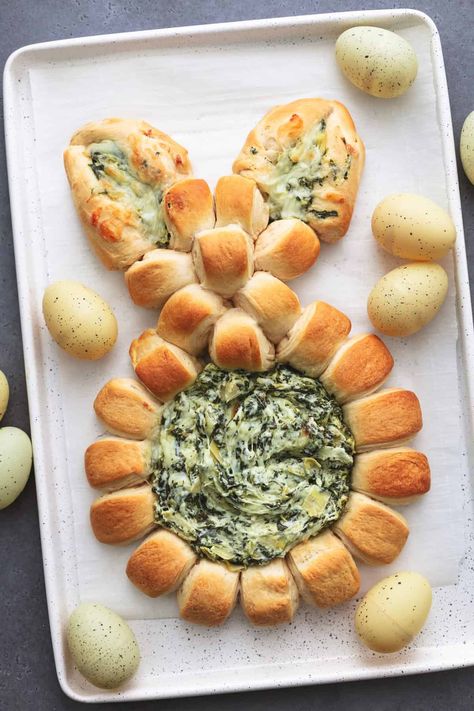 Easter Crescent Roll, Bunny Spinach Dip Tray, Easter Appetizers Spinach Dip, Easter Bunny Spinach Dip Bowl, Easter Spinach Artichoke Dip, Spinach Finger Food, Easter Bunny Bread Bowl Spinach Dip, Easter Food Spread, Easter Baked Brie