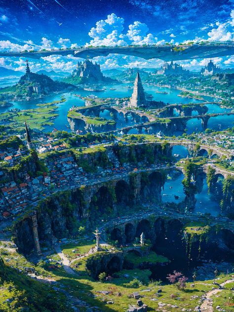 Fantasy City Design, Anime World Background, Fantasy World Landscapes, Fantasy City Art, Fantasy World Art, Fantasy Landscape Art, Fantasy Cities, Rpg World, Sci Fi Landscape