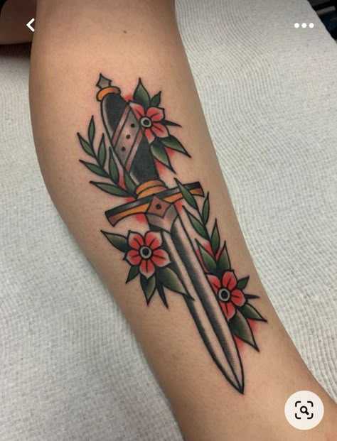 Traditional Tattoos Forearm Women, Traditional Swords Tattoo, American Traditional Tattoos Knife, 3 Of Swords Tattoo Traditional, Forearm Tattoo American Traditional, Traditional Tattoos With Words, American Tradional Tattoos, Bold Traditional Tattoos, Forearm Tattoo Women Traditional