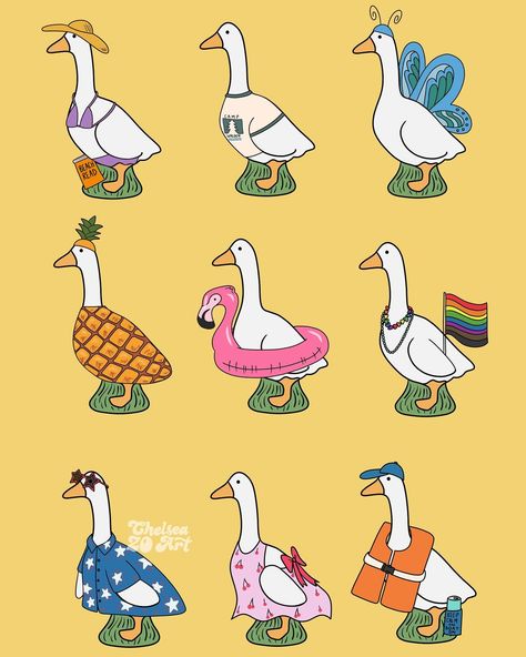 Silly summer geese 🌞👙🛶⛱️ ok this is my last goose update until fall. But they’re so fun to make! Silly goose | summertime | beach reads | camp Walden | illustration | illustrator | digital art | artist | gaggle Silly Duck Drawing, Fun Illustration Art, Silly Goose Drawing, Geese Drawing, Goose Doodle, New Year's Eve Wallpaper, Camp Walden, Goose Illustration, Cartoon Goose