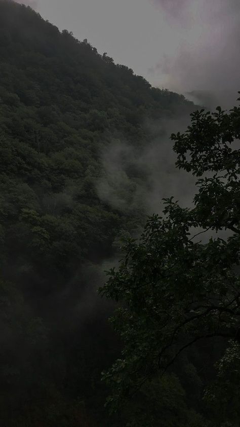 Rainy Weather Aesthetic Wallpaper, Green Peace Aesthetic, Rainy Day Forest Aesthetic, Dark Pictures Of Nature, Rain On Mountains, Breezy Weather Aesthetic, Gloomy Clouds Aesthetic, Mountains Dark Aesthetic, Mountain Dark Aesthetic