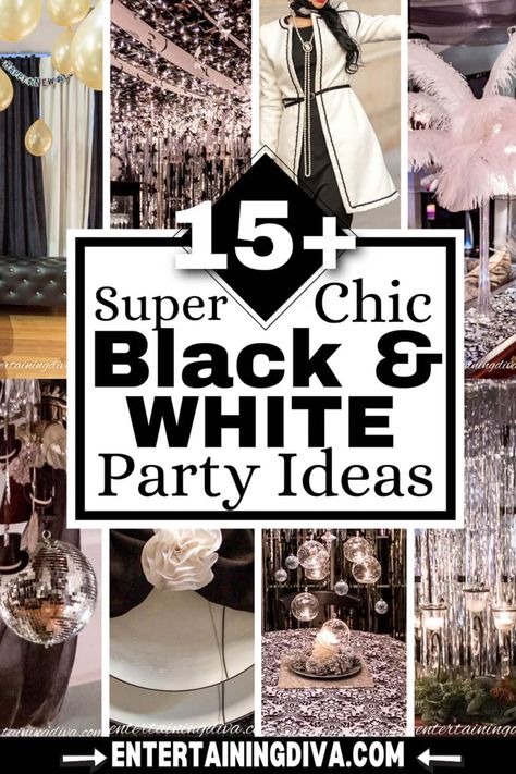 Black And White Aesthetic Decoration, Black Tie Event Food Ideas, Black And White 50th Birthday Party Decoration, Cocktails For Birthday Party, Black Tie Party Decorations Ideas, 40th Birthday Black And White, Black And White Tie Party, Monochromatic Party Theme, Black And White Christmas Party Theme