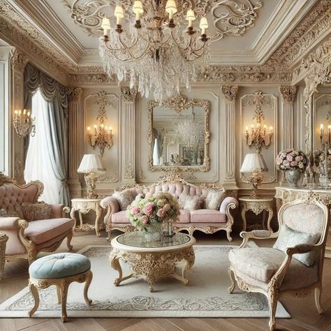 Princess Aesthetic Living Room, Royalcore Living Room, Fantasy Castle Living Room, Classic Mansion Interior, Rococo Room Decor, Rococo Home Decor, Victorian Castle Interior, Rococo Style Interior Design, Royal Living Room Luxury