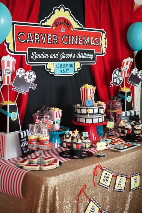 Hollywood Movie Birthday Party Ideas | Photo 1 of 118 Movie Theatre Birthday Party, Movie Theater Party, Birthday Movie Night, Movie Theme Birthday Party, Deco Cinema, 17. Geburtstag, Hollywood Birthday Parties, Backyard Movie Party, Cinema Party