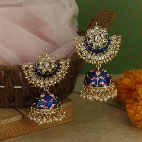 Royal Blue Chandrami Wedding Jewellery Jhumki Earrings - Bling Bag Blue Earrings Wedding Indian, Blue Jhumka Earrings, Blue Earrings Outfit, Blue Earrings Indian, Blue Jhumka, Traditional Jhumkas, Indian Ornaments, Blue Earrings Wedding, Jewelry Matching