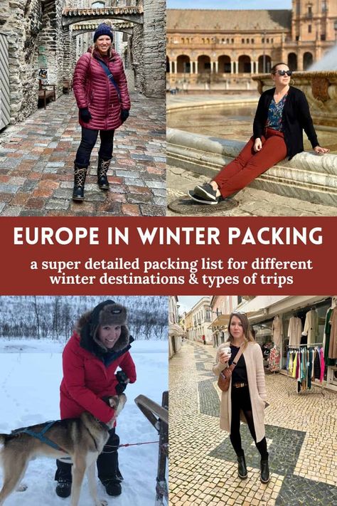 The Ultimate Europe in Winter Packing List | There are amazing European winter destinations, but figuring out what to wear can be tough...the weather can be variable, you don't want to freeze, but everything's so bulky. I've got everything you need packing for winter in Europe, all types of places & trips--whether sunny southern Spain, cold Christmas markets, cute chilly city exploration, or snowy Arctic adventure. #europe #packinglist #winter Europe Winter Essentials, Plus Size Europe Travel Outfits Winter, European Winter Packing List, Packing For Germany In Winter, Packing For Winter In Europe, What To Pack For Europe In Winter, 2 Weeks In Europe Packing Winter, Europe Winter Packing List, Cold Europe Outfits