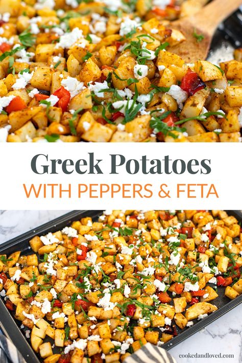 These flavourful Greek roasted potatoes are a little spiced and a little lemony, with the sweetness of red peppers and the saltiness of feta. Serve these sheet-pan Greek potatoes as a side dish, breakfast potatoes or a main, they are gluten-free and vegetarian-friendly. A delicious Greek roasted potato recipe! via @irena_macri Mediterranean Baked Potato, Peppers And Feta, Bell Pepper Potato Recipes, Bell Pepper And Potato Recipes, Mediterranean Potatoes Recipes, Roasted Potato Meals, Greek Meatless Meals, Roasted Peppers And Potatoes, Baked Feta Potatoes Recipe