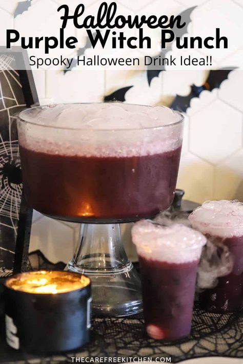 This Purple Halloween Punch is a fun and easy non-alcoholic Halloween punch for kids. For an extra spooky Halloween touch, add a little dry ice and serve in decorative cups. #thecarefreekitchen #punch #drink #halloween #purplepeopleeater #Koolaid #nonalocholicdrinks Purple Halloween Punch, Purple Party Punch, Party Punch Kids, Witch Punch, Punch For Kids, Halloween Punch For Kids, Decorative Cups, Halloween Party Punch, Grape Kool Aid