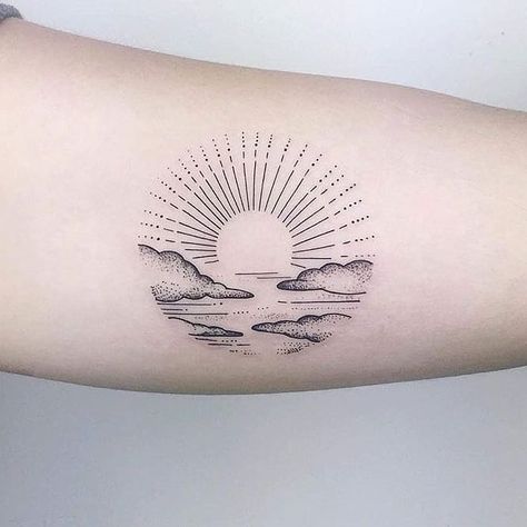 Circular sunset and clouds tattoo scenery inked on the left bicep Sunrise With Clouds Tattoo, Sun Set Tattoo Design, Sun Behind Clouds Tattoo, Sun Moon Clouds Tattoo, Horizon Sun Tattoo, Cloud Tattoos, Tattoos For Women On Thigh, Cloud Tattoo Design, Sunrise Tattoo