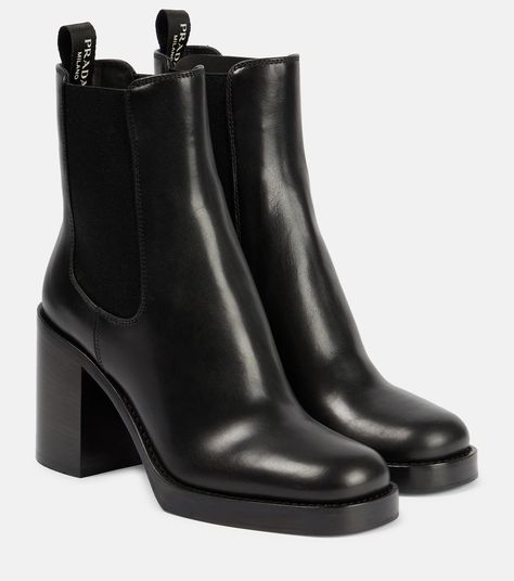 Leather Ankle Boots in Black - Prada | Mytheresa Square Heels, Prada Leather, Black Ankle Boots, Leather Ankle Boots, Calf Leather, Brand Logo, Chelsea, Prada, Shoe Boots