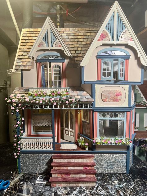 Dollhouse Exterior, Dollhouse Exterior Ideas, 80s House Exterior, Cute Dollhouse Exterior, Fairfield Dollhouse, Yellow Dollhouse Exterior, Pink Victorian Dollhouse, Victoria's Farmhouse Dollhouse Exterior, Victoria's Farmhouse Dollhouse