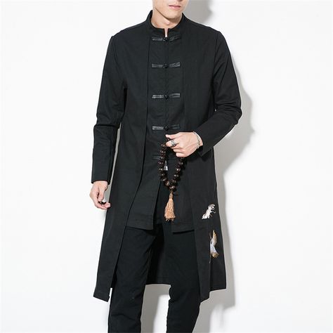 Chinese Clothing For Men, Linen Embroidery, Tang Suit, Chinese Clothing, Cotton Coat, Long Gown, Casual Streetwear, Long Shirt, Chinese Style