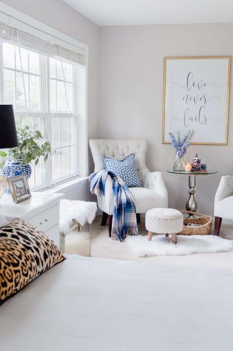 5 Easy Tips For A Cozy Master Bedroom Sitting Area - The Home I Create Styling A Bedroom Corner, Bedroom Chair And Table, Bedroom With Table And Chairs, Room Sitting Area Ideas, Corner Seating Bedroom, Seating Corner Bedroom, Main Bedroom Sitting Area Ideas, Bedroom Chairs And Table, Table In Bedroom Sitting Area