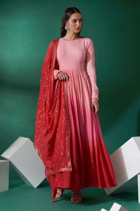 Ombre Anarkali Suit, Pleated Anarkali Dress, Trendy Anarkali Designs, Ombre Anarkali, Pink Georgette Anarkali, Party Wear Anarkali Dress, Pink Anarkali Suits, Pink Colour Dress, Anarkali Suits Designer