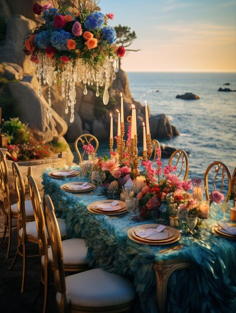 Bright colors by the bay, this wedding is any bride or groom’s dream. Shades of blue and coral pop against the sand and ocean or create this style close to home. Disney wedding, Ariel wedding, little mermaid, seaside wedding, beach wedding, destination wedding, modern bride, modern theme, modern wedding, classic theme, bright florals, bridal bouquet Deep Sea Blue Wedding Theme, Beachy Floral Wedding, Ocean Wedding Ceremony, Blue Ocean Wedding Theme, Ocean Aesthetic Wedding, Ariel Themed Wedding, Mermaid Theme Wedding Decor, Jamaica Wedding Colors, Ocean Wedding Decorations