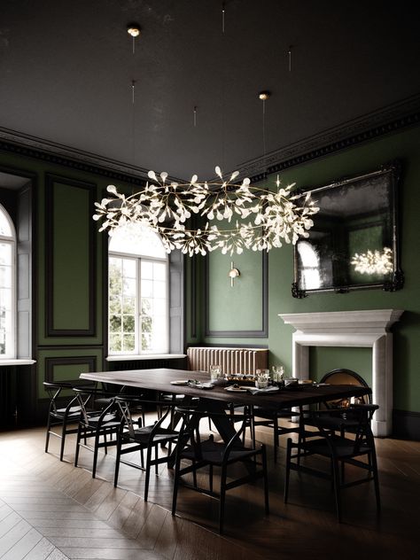 Green Dining Room Walls, Wallpaper Dining Room, Wallpaper Dining, Regency Interior, Green Wall Color, Interior Design Dining, Green Accent Walls, Dark Green Wallpaper, Green Dining Room