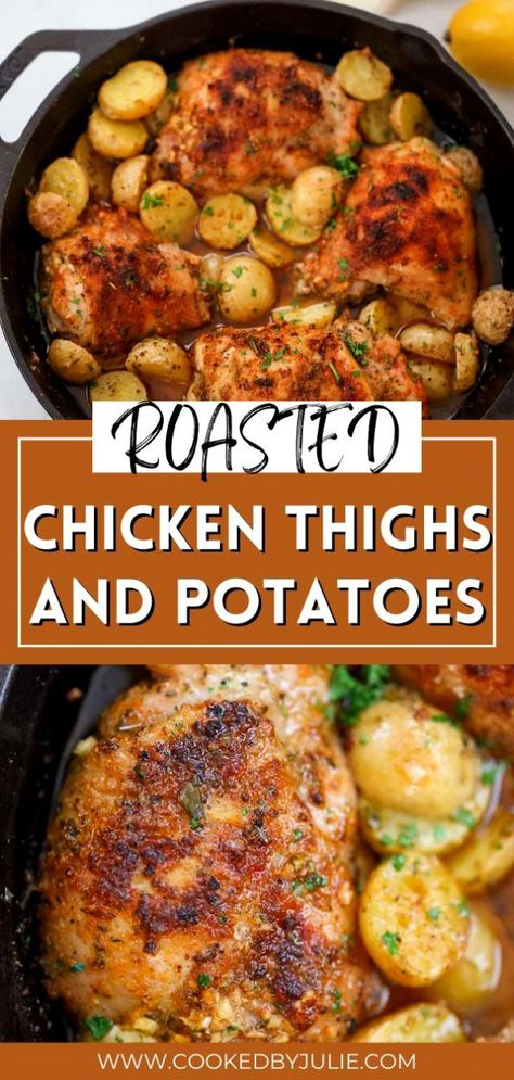 These oven roasted chicken thighs and potatoes cook perfectly in one skillet. The chicken is juicy on the inside and crispy on the outside while the potatoes are buttery and tender! Your family will love this delicious flavorful meal! The best part about this recipe is that it’s an entire meal but you can serve it with veggies on the side as well. Click through for all the details. Chicken Thighs And Potatoes, Chicken Thighs Boneless Skinless, Oven Roasted Chicken Thighs, Healthy Chicken Thigh Recipes, Chicken Thighs Dinner, Chicken Thights Recipes, Cowboy Copper, Roasted Chicken And Potatoes, Mom Cut