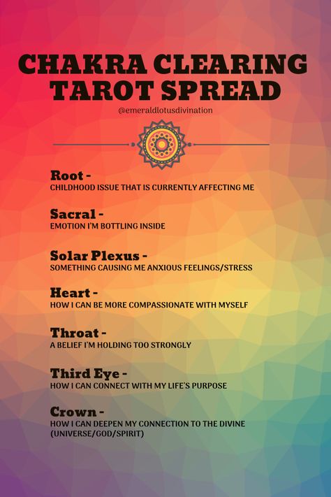 Tarot Spread - Chakra Clearing — Emerald Lotus Divination Oracle Spreads, Chakra Clearing, Tarot Reading Spreads, Chakra Health, Yoga Nature, Learning Tarot Cards, Tarot Guide, Tarot Card Spreads, Tarot Tips