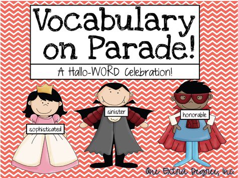 Hallo-Word-Vocabulary on Parade! Instead of a Halloween costume party do a Vocabulary Word Parade Vocabulary Word Dress Up Day, Vocabulary Parade Costumes, Vocabulary Parade Ideas, Vocabulary Parade, Kindergarten Vocabulary, World Book Day Ideas, Summer Vocabulary, First Grade Parade, Halloween Vocabulary