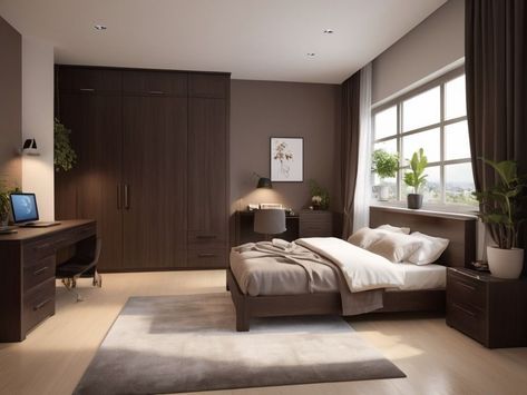 Dark Wood Cupboards Bedroom, Dark Brown Cupboards Bedroom, Dark Wood Home Interior, Modern Dark Wood Bedroom, Bedroom Brown Aesthetic, Room With Dark Brown Furniture, Brown Theme Bedroom, Dark Brown Wood Bedroom, Dark Brown Closet