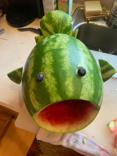 Watermelon Fish Fruit Bowl, Fruit Boats, Watermelon Fish, Fishing Birthday Party Boys, Fishing Themed Birthday Party, Watermelon Bowl, Birthday Party Boys, Fish Birthday, Fish Party