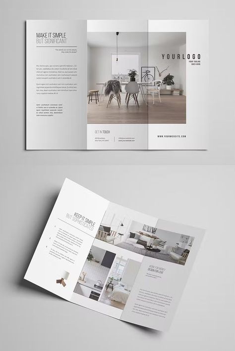 Minimal Interior Design Trifold Brochure Template InDesign Interior Design Pamphlet Brochure Layout, Minimal Brochure Design Layout, Minimal Trifold Brochure Design, Clean Brochure Design, Broshor Design Layout, Interior Design Brochure Ideas, Interior Design Leaflet, Architectural Brochure Design, Brochure Design Minimalist